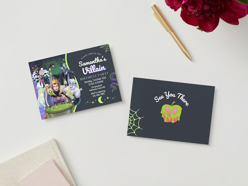 May include: A Halloween-themed birthday party invitation featuring a cartoon image of Disney villains, including Maleficent, Cruella de Vil, and Ursula. The invitation is black with purple and green accents and includes the text "Samantha's Villain Birthday Party" and the date and time of the party.