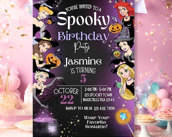 May include: A Halloween-themed birthday party invitation with a purple and black background. The invitation features illustrations of Disney princesses in witch costumes, along with the text "Spooky Birthday Party" and party details.