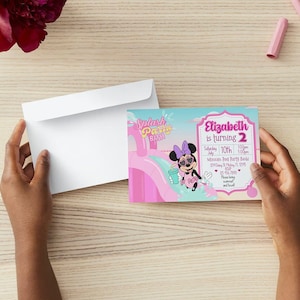 May include: A pink and blue birthday invitation featuring a cartoon image of Minnie Mouse on a water slide. The text on the invitation reads "Splash Party Bash" and "Elizabeth is turning 2".