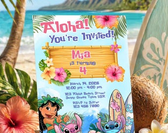 Lilo and Stitch Birthday Invitation 5x7 Canva Template, Editable Tropical Hawaiian Luau Party Invite