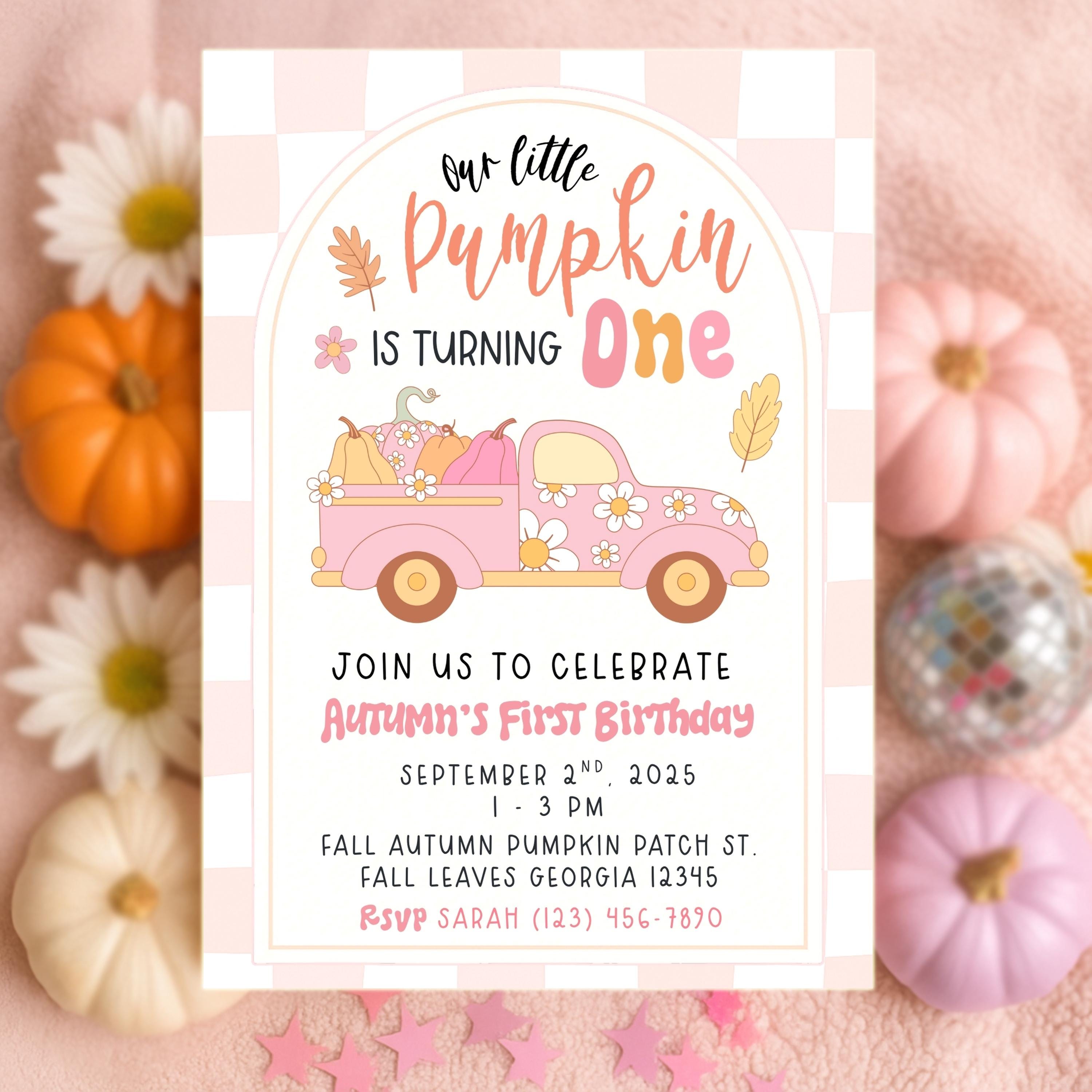 Our Little Pumpkin is Turning One Invitation Fall First Birthday Pink Pumpkin Truck Girl 1st Birthday Invite Editable Template