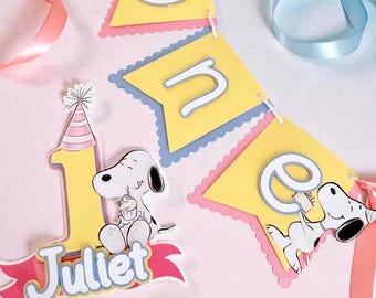 First Birthday Highchair Banner and Cake Topper Pastel Dog and Friends Happy