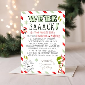 Könnte beinhalten: Eine festliche Weihnachtskarte mit einem rot-grünen Rand. Die Karte zeigt den Text "WE'RE BAAACK!" und "Cinnamon & Nutmeg!" zusammen mit Illustrationen von Elfen und Schneeflocken. Die Karte liegt auf einem weißen Umschlag.