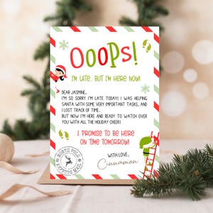 May include: A holiday-themed card with a red and green border. The card reads "Ooops! I'm late... but I'm here now!" and includes a message from "Cinnamon." The card has illustrations of elves and snowflakes.