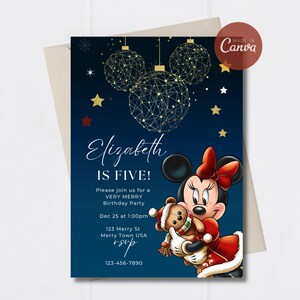 Convite de aniversário natalino da Minnie Mouse, tema inverno vermelho (PDF digital)