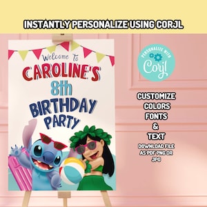 K&ouml;nnte beinhalten: Ein Schild f&uuml;r eine 8. Geburtstagsparty mit einem blauen Stitch-Charakter aus Lilo & Stitch und einem M&auml;dchen mit braunen Haaren, das eine Sonnenbrille und eine Blumenkette tr&auml;gt. Das Schild lautet "Willkommen zur 8. Geburtstagsparty von Caroline".