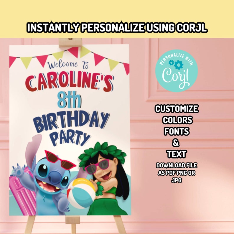 K&ouml;nnte beinhalten: Ein Schild f&uuml;r eine 8. Geburtstagsparty mit einem blauen Stitch-Charakter aus Lilo & Stitch und einem M&auml;dchen mit braunen Haaren, das eine Sonnenbrille und eine Blumenkette tr&auml;gt. Das Schild lautet "Willkommen zur 8. Geburtstagsparty von Caroline".