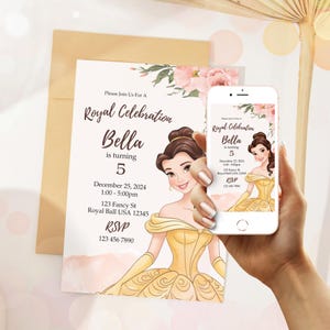 Invitación digital editable instantánea con diseño floral rosa y delicada acuarela Belle Rose Beauty Beast