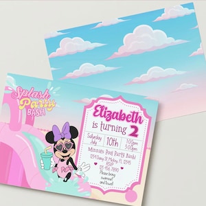 May include: A pink and blue invitation featuring a cartoon image of Minnie Mouse wearing sunglasses and holding a drink. The invitation is for a pool party to celebrate Elizabeth's 2nd birthday. The text on the invitation reads "Splash Party Bash", "Elizabeth is turning 2", "Saturday July 10th 1:00pm - 3:00pm", "Minnie's Pool Party Bash", "1234 Dany St. Mickey FL 12345", "RSVP 123 456 7890", "Please bring swimsuit and towel".