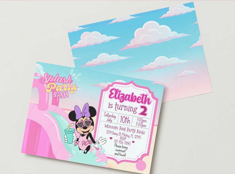 May include: A pink and blue invitation featuring a cartoon image of Minnie Mouse wearing sunglasses and holding a drink. The invitation is for a pool party to celebrate Elizabeth's 2nd birthday. The text on the invitation reads "Splash Party Bash", "Elizabeth is turning 2", "Saturday July 10th 1:00pm - 3:00pm", "Minnie's Pool Party Bash", "1234 Dany St. Mickey FL 12345", "RSVP 123 456 7890", "Please bring swimsuit and towel".