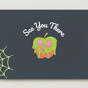 May include: A dark gray card with a green apple with a pink skull face and dripping green slime. The text "See You There" is written in white cursive above the apple.