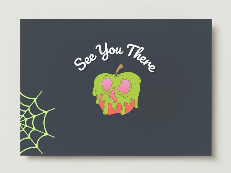 May include: A dark gray card with a green apple with a pink skull face and dripping green slime. The text "See You There" is written in white cursive above the apple.