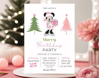 Instant Editable Minnie Mickey Very Merry Christmas Retro Birthday Girls Boys Xmas Birthday digital birthday invitation baby kids Party