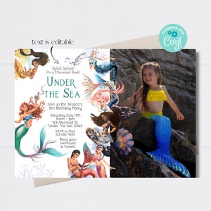 Corjl Little Mermaid, Under the sea, Mermaid, splish splash, Party Birthday Digital Invitation INSTANT EDITABLE TEMPLATE
