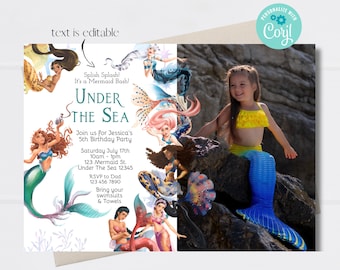Edytowalny szablon zaproszenia urodzinowego z motywem Małej Syrenki (cyfrowy)