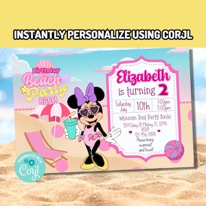 Corjl Minnie Mouse Beach Party birthday digital Invitation INSTANT EDITABLE TEMPLATE