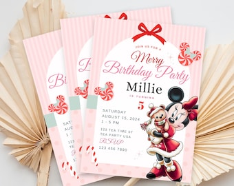 Instant Editable Minnie Very Merry Christmas Retro Birthday Girls Boys Xmas Birthday digital birthday invitation baby kids Party Coquette