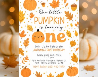 May include: A white invitation card with orange pumpkins, leaves, and acorns. The text reads "Our little PUMPKIN is turning one" and invites guests to Autumn's first birthday on September 2nd, 2025.