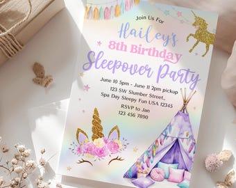 Unicorn Sleepover Invitation – Rainbow Birthday Party, 5x7 (Digital Download)