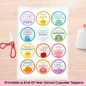 Ende des Jahres Cupcake Toppers druckbare • Schul Toppers • Sommer Ende des Jahres Printables • niedliche Grundschulkind letzte Schultag