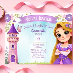 Magical Rapunzel Princess Birthday Invitation | Watercolor Baby Shower Party | Instant Editable & Printable Horizontal