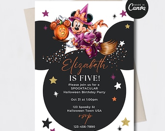 May include: Halloween birthday party invitation featuring Minnie Mouse dressed as a witch, holding a pumpkin. The invitation includes the text "Elizabeth IS FIVE!" and party details. Black, white, orange, and purple colors.