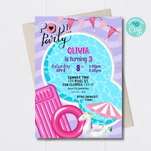 Invitation numérique d&#39;anniversaire Corjl Girly Pink Purple Pool Party MODÈLE MODIFIABLE INSTANTANÉ