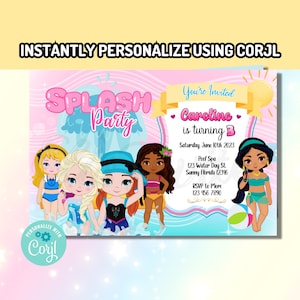 Corjl Splash Pad Princess Pool Party digitale verjaardagsuitnodiging INSTANT BEWERKBARE SJABLOON