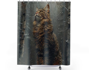 Gato atigrado curioso en el bosque bajo la nieve del invierno, pintura al óleo vintage, retrato de gato, amante de los gatos, decoración de baño, cortina de ducha con ilustraciones