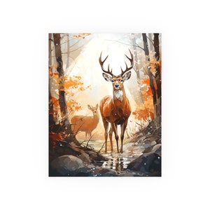 Buck And Doe Majestic Deer Pair in Autumn Field, Watercolor Nature, Watercolor Landscape Print, Satin & Archival Matte Unframed Print