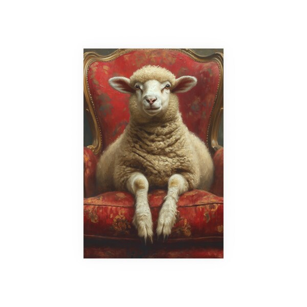 Adorable White Sheep Farm Animal Portrait on a Couch - Quirky Animals Vintage Oil Painting -Satin and Archival Matte Unframed Print