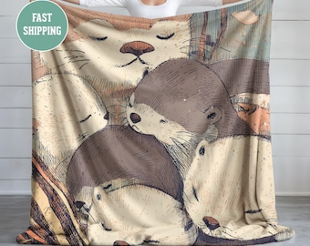 Family of Otters Sleeping - Nursery Blanket, Baby Blanket, Kids Bedroom Decor, Cozy Throw Blanket, Animal Lover
