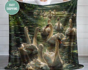 Swans In The Pond With Lillies Blanket, Plush Fleece Blanket, Cozy Throw, Soft Bedding, Bird Throw Blanket, Woodland Animal Lover Gift