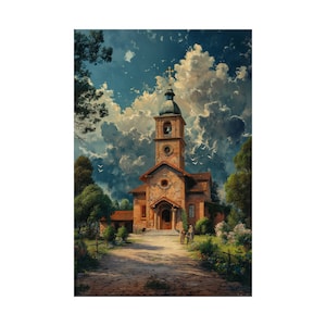 Italian Landscape Old Church in Countryside- Vintage Beautiful Art Print-Painting Heavy Brush Strokes- Matte Vertical Posters- Unframed