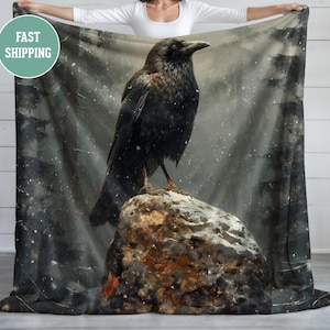 Black Crow Blanket, Plush Fleece Blanket, Cozy Throw, Soft Bedding, Bird Lover Blanket, Bird Throw Blanket, Woodland Animal Lover Gift