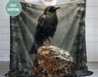 Black Crow Blanket, Plush Fleece Blanket, Cozy Throw, Soft Bedding, Bird Lover Blanket, Bird Throw Blanket, Woodland Animal Lover Gift