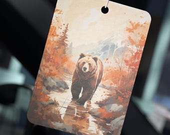 Ambientador para coche, paquete de 3, arte de acuarela de oso grizzly, escena de otoño en la montaña, colgante para coche con aroma a naturaleza, desodorante para vehículos