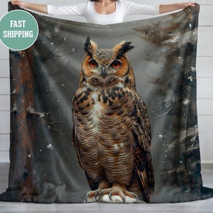 Great Horned Owl Blanket, Plush Fleece Blanket, Cozy Throw, Soft Bedding, Owl Blanket, Bird Throw Blanket, Woodland Animal Lover Gift