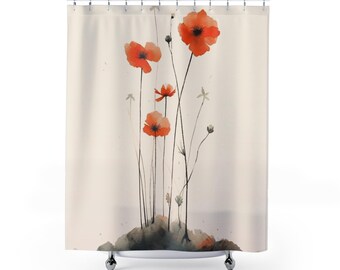 Estampado floral con reflejos de acuarela: arte de pared minimalista de inspiración japonesa, decoración del hogar japonesa: cortina de ducha con ilustraciones