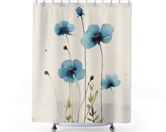 Serene Blue Floral Watercolor Print - Minimalist Japanese-Inspired Wall Art, Flowercore, Floral Art Painting - Artwork Shower Curtain