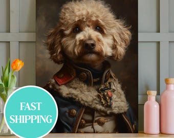 Revolutionary French Poodle Dog Soldier Stretched Canvas Print- Victorian Style British Pet Gift- Painting Heavy Brush Strokes, Dog Art