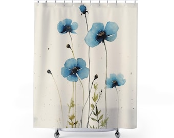 Impresión de acuarela con flores azules serenas: arte de pared minimalista de inspiración japonesa, decoración del hogar japonesa: cortina de ducha con ilustraciones