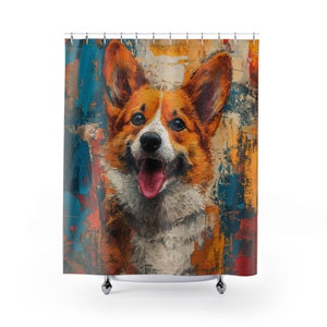 May include: A colorful abstract painting of a corgi dog with a happy expression. The dog's fur is a mix of orange, white, and brown. The background is a mix of blue, orange, and yellow.