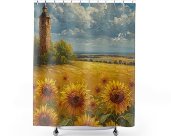 Sunflowers in the Countryside with Tower in the Background Vintage Yellow - Painting Watercolor, Flower Fields- Artwork Shower Curtain