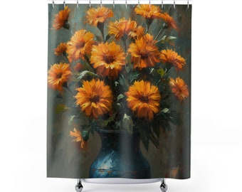 Marigolds in a Blue Vase Floral Flower Art- Vintage Heavy Paint Watercolor Oil Painting, Flower Painting- Artwork Shower Curtain