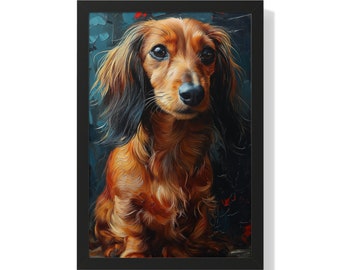 Elegant Long-Haired Red Brown Dachshund Portrait Print- Weenie dog Doxie - Brushstroke Dog Art, Blue Background