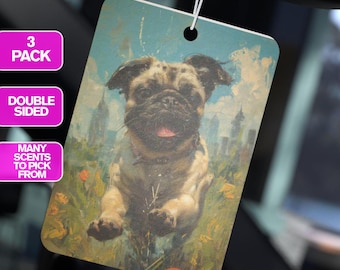 Confezione da 3 deodoranti per auto - Fiori di campo carlini carini e felici, profumo per auto, decorazione per auto, regalo floreale per amanti dei cani, fragranza per veicoli