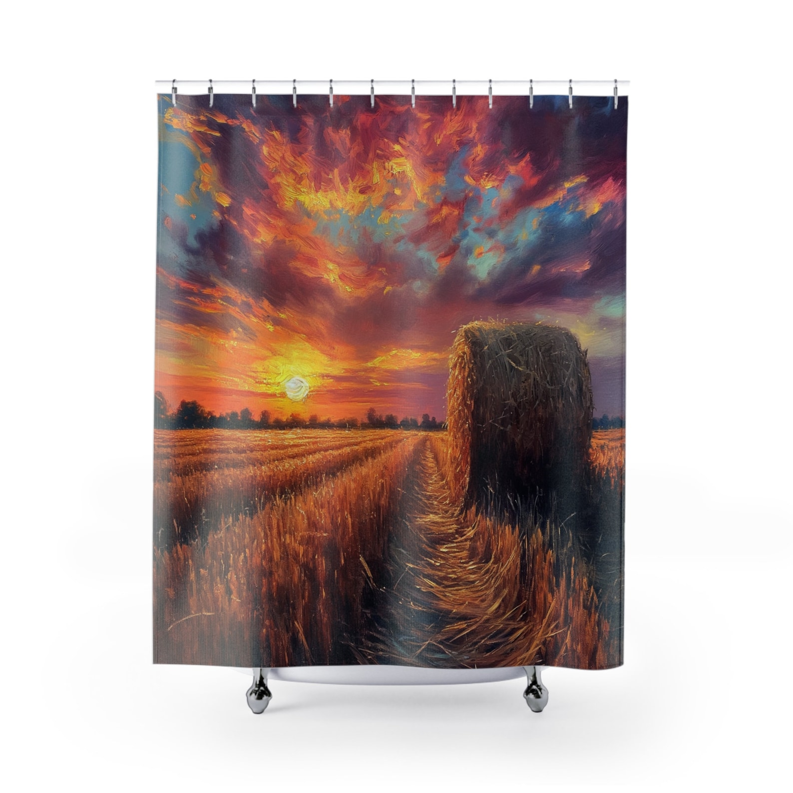 Beautiful Hay Stacks in Field at Sunset- Rustic Farmhouse Ranch Lodge