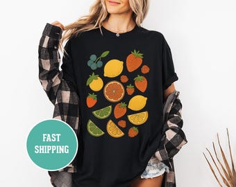 Camiseta botánica vintage de cítricos, camiseta retro de limón, naranja y lima, camiseta unisex teñida, regalo para amantes de la naturaleza, camiseta de mercado de agricultores.