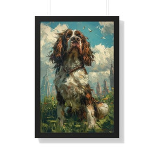 Springer Spaniel Dog in park with city in Background-Heavy Paint Watercolor Oil Painting, Dog Print, Satin and Archival Matte Framed Print